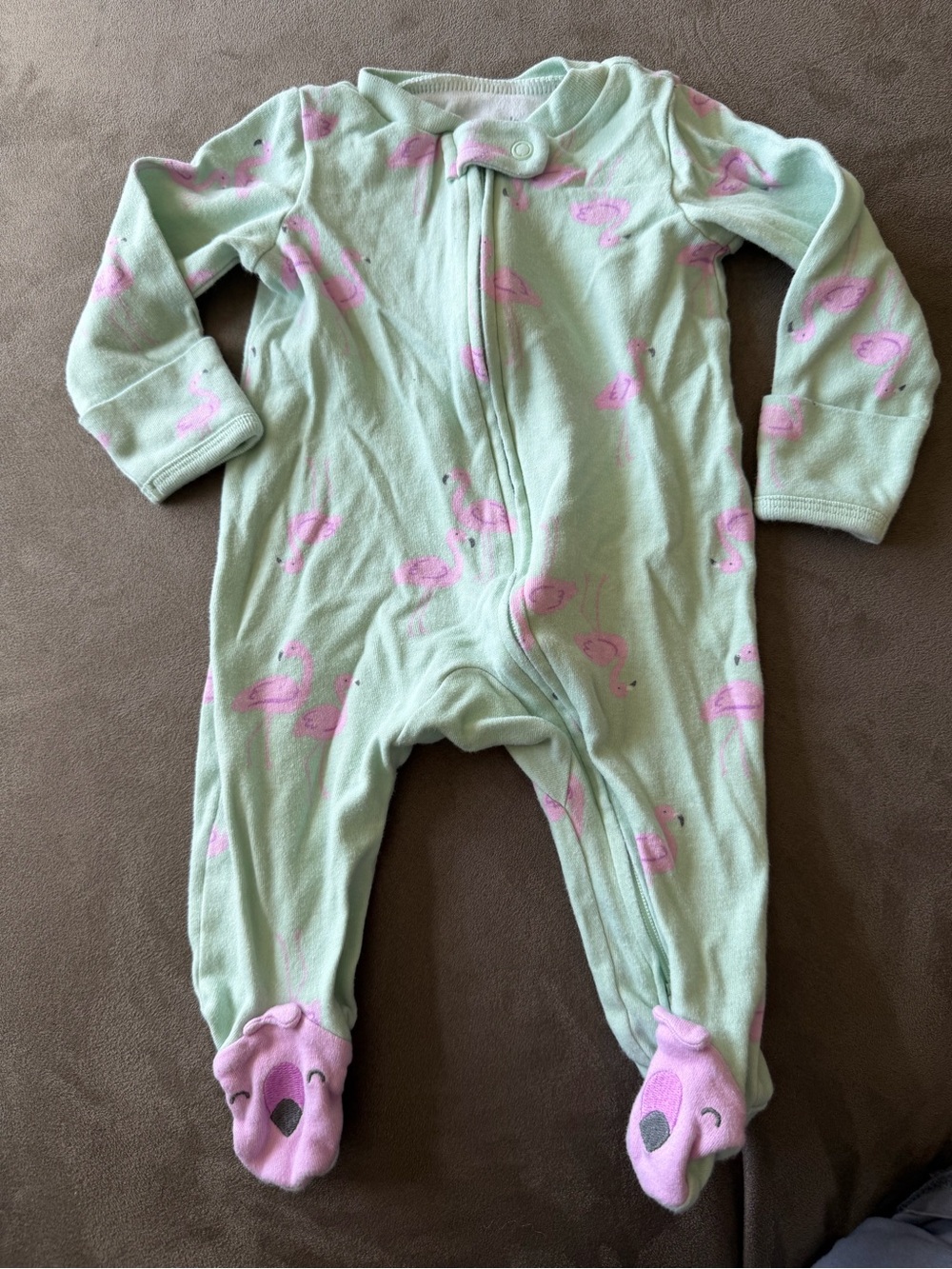 Carters Mint Green Footed Baby One-Piece with Pink Flamingo Accents
